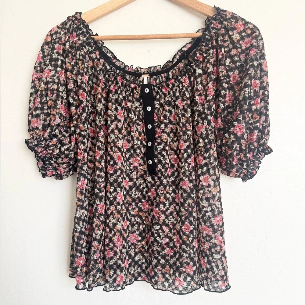 Free People Astra Peasant Top Sheer Black Floral Size Small